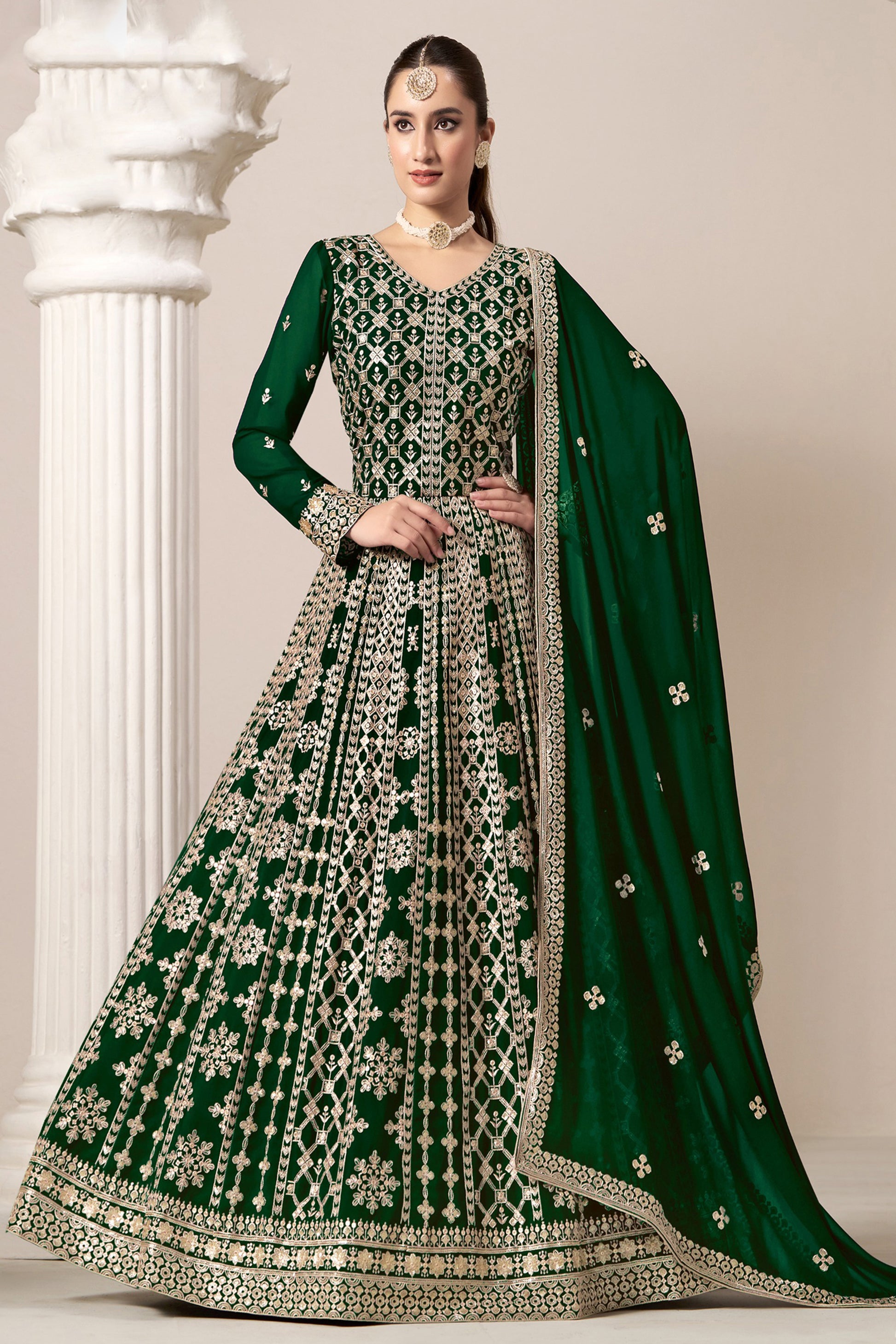 Dark green embroidered Anarkali Gown With Heavy Work - Front View
