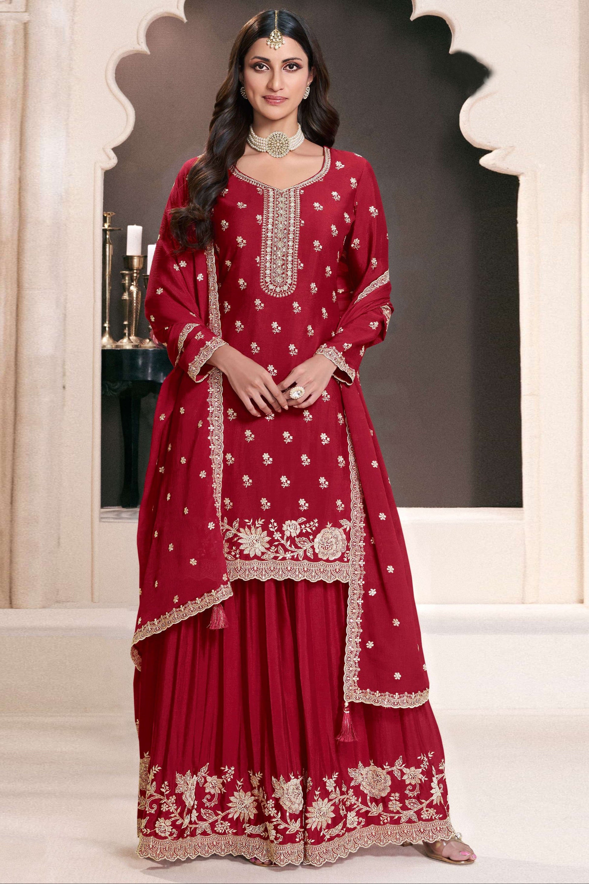 Red Embroidered Salwar Kameez Palazzo Set With Dupatta For Indian Weddings And Parties
