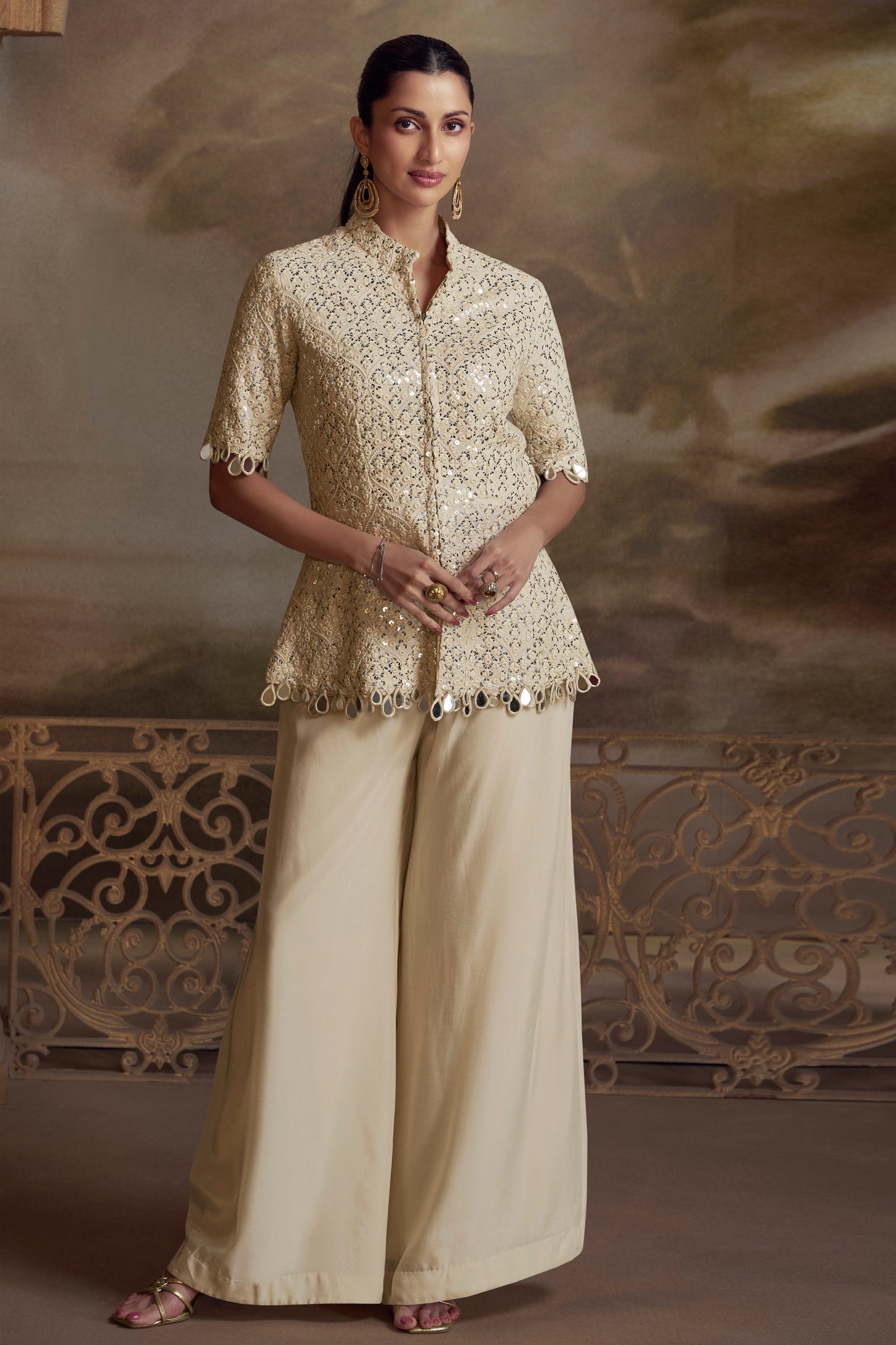 Off White Palazzo Suit With Heavy Mirror Work for Indian Diwali