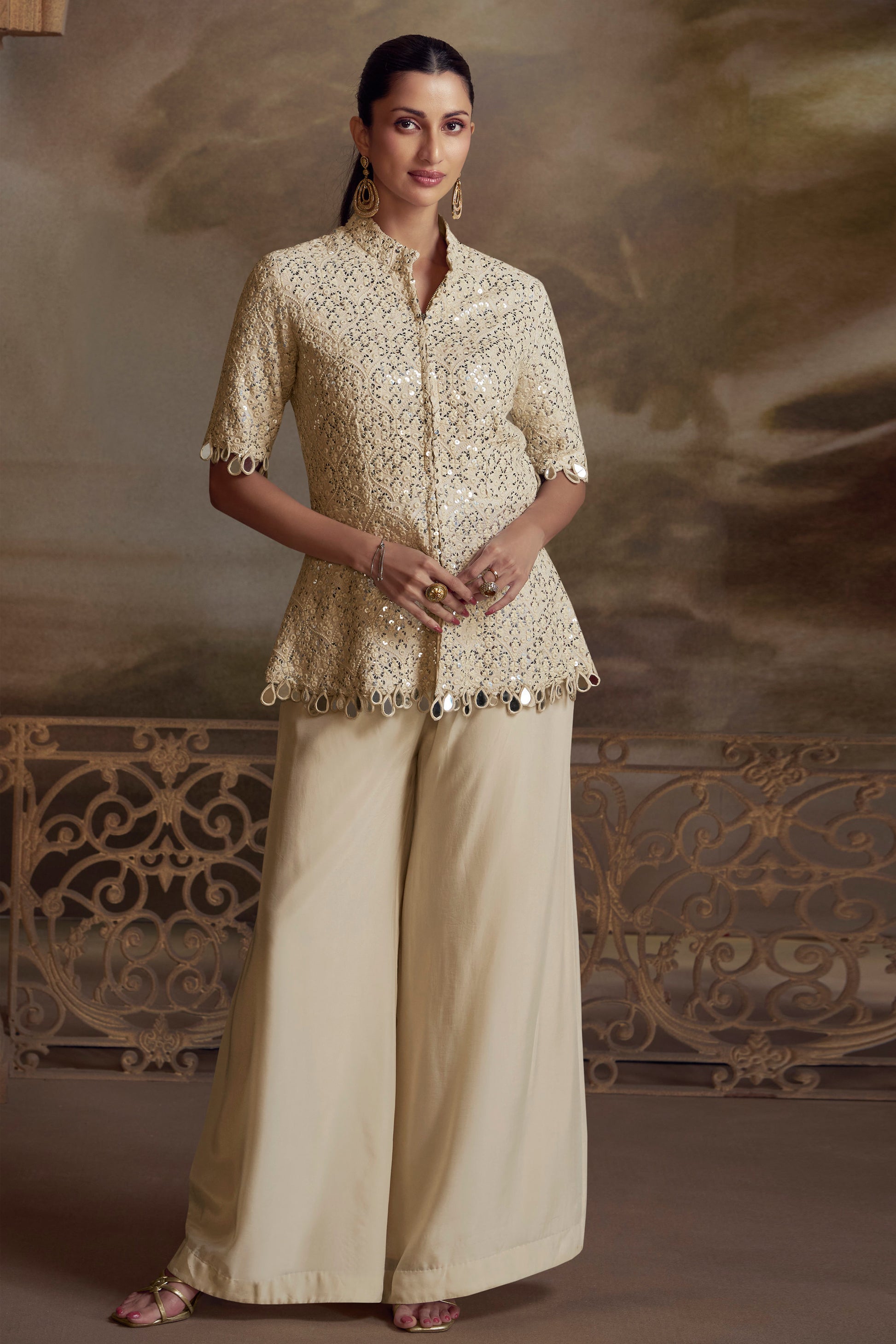 Off White Palazzo Suit With Heavy Mirror Work for Indian Diwali