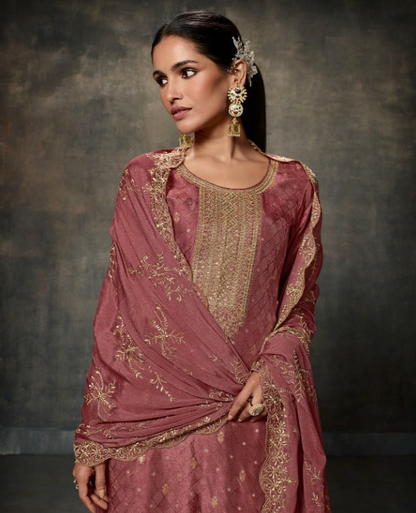 Rose Gold Silk Salwar Kameez Fabric Viscose Dola Silk Material