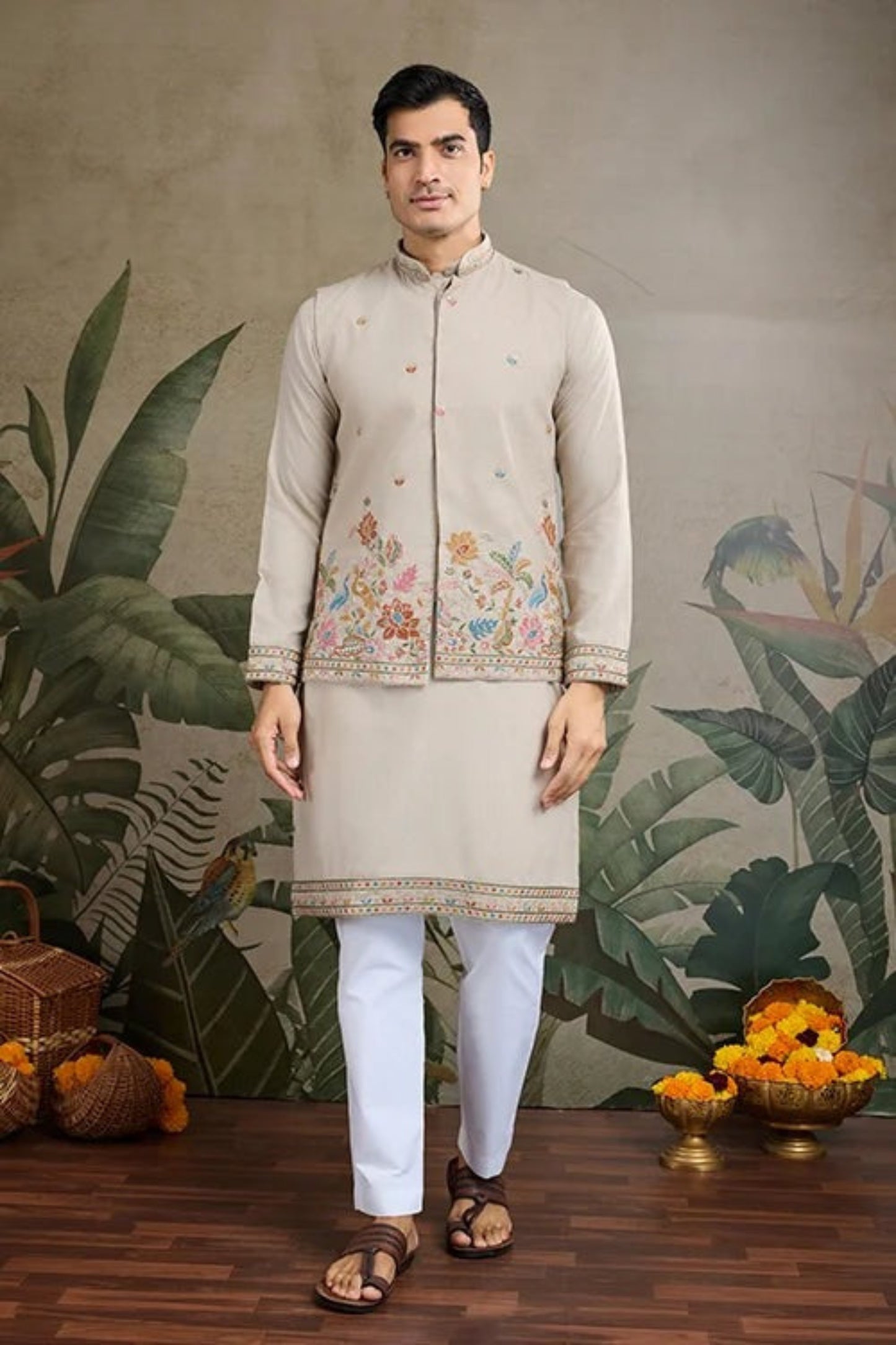 Trendy Beige Color Viscose Silk Kurta Set For Men Real Mirror Work With Matching Pant