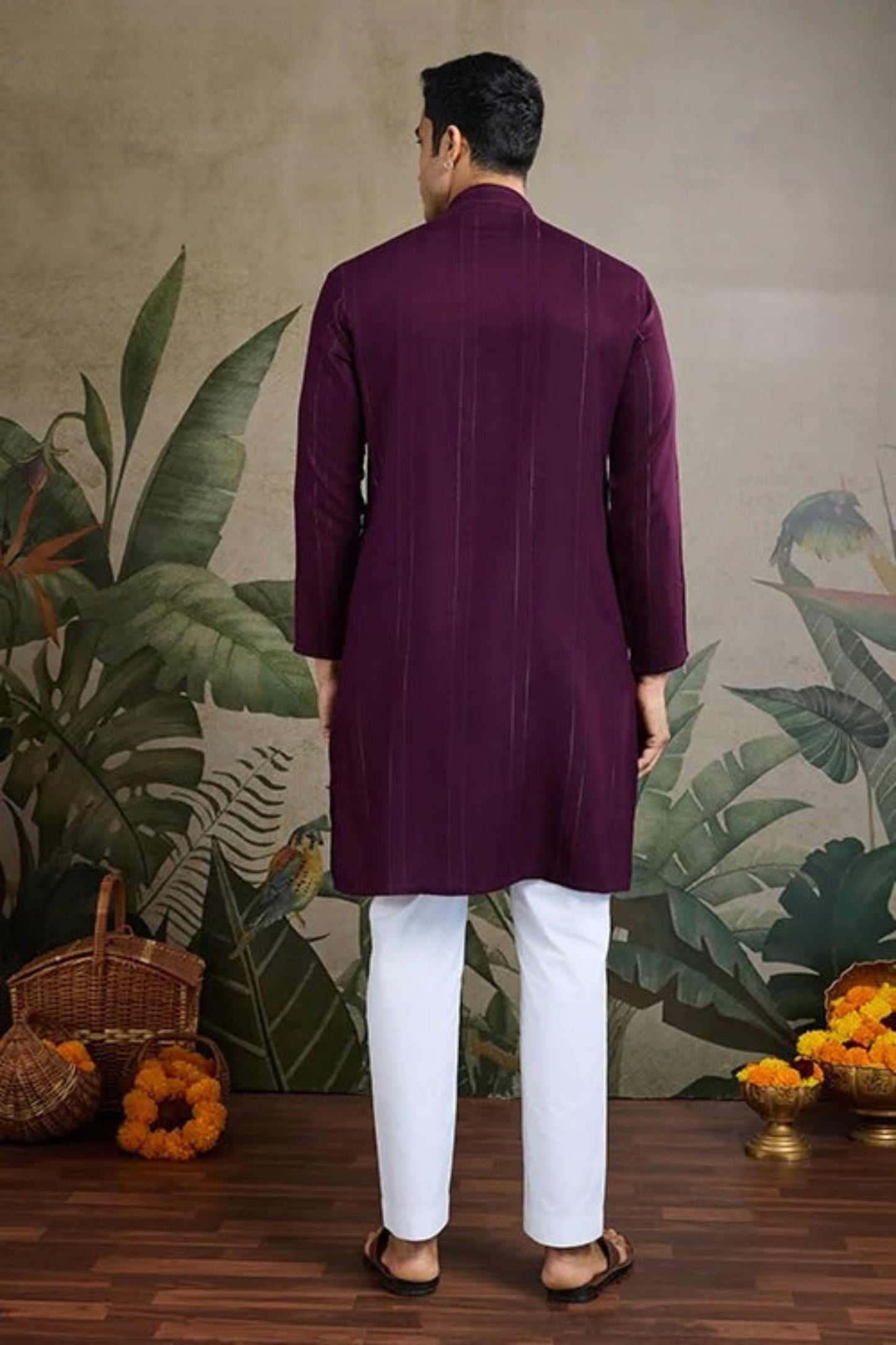 Elegant Purple Color Viscose Rayon Kurta Set For Men Real Mirror Work With Matching Pant