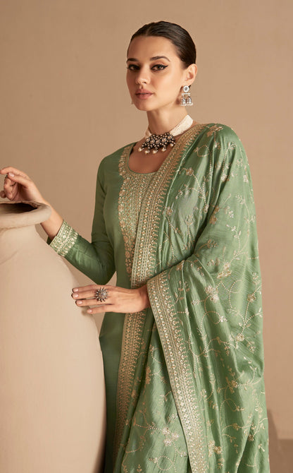Bollywood Style Pista Green Premium Silk Salwar Kameez With Heavy Embroidered Dupatta Designer Ethnic Wear