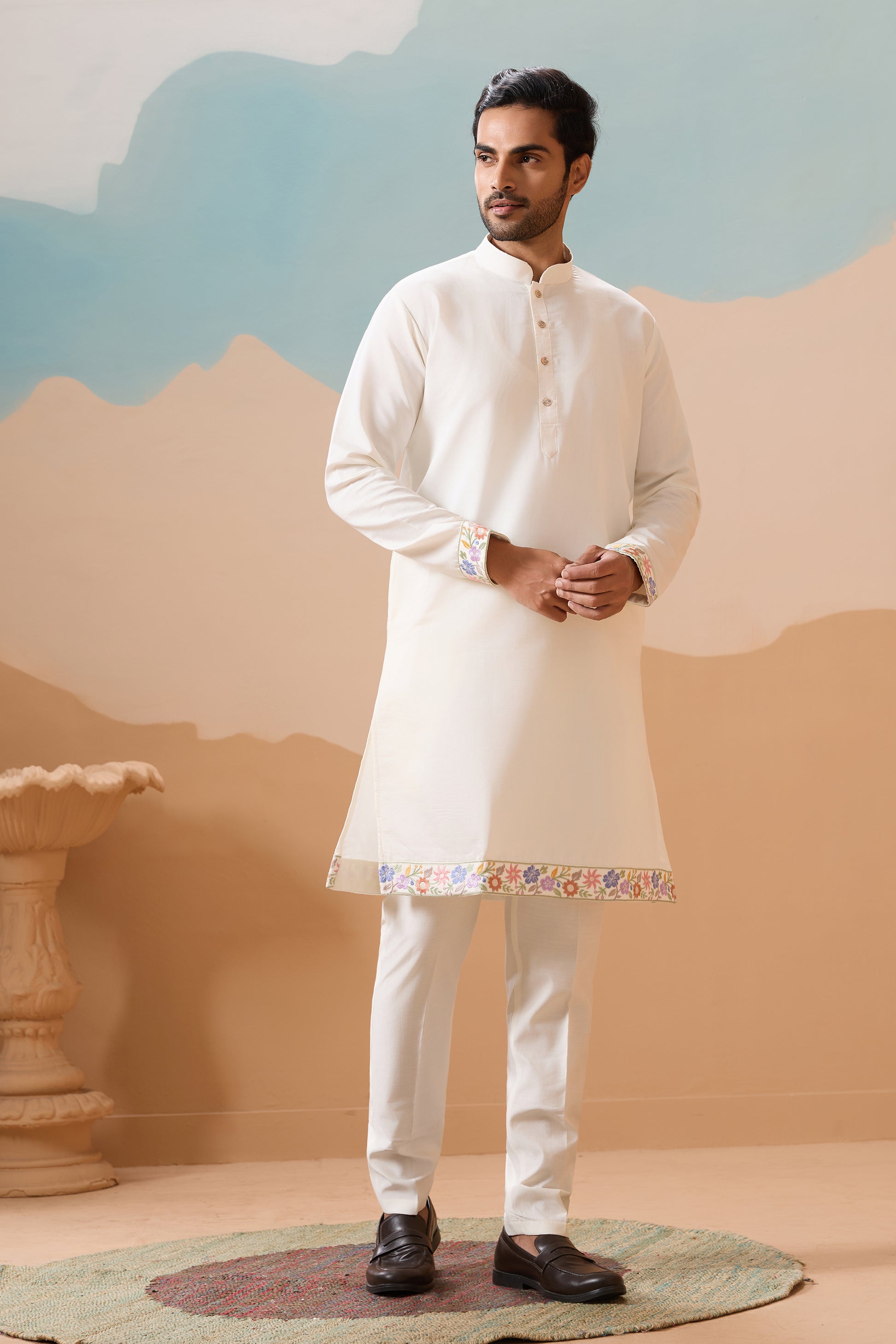 Designer White Kurta With Mirror Embellishments - Indian Ethnic Wear For Men