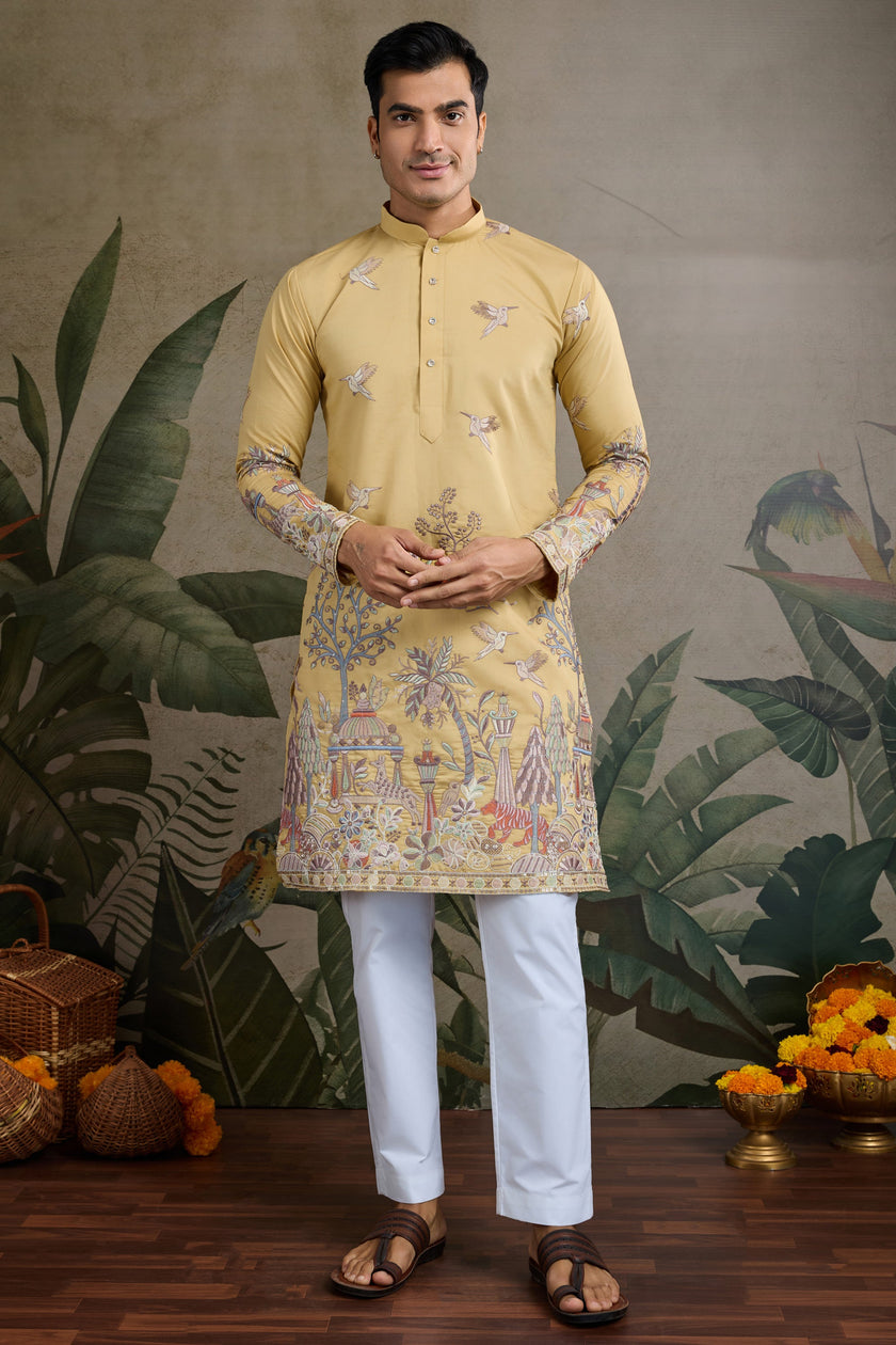 Beige Designer Embroidered Kurta Set - Premium Viscose Silk Suit for Men USA
