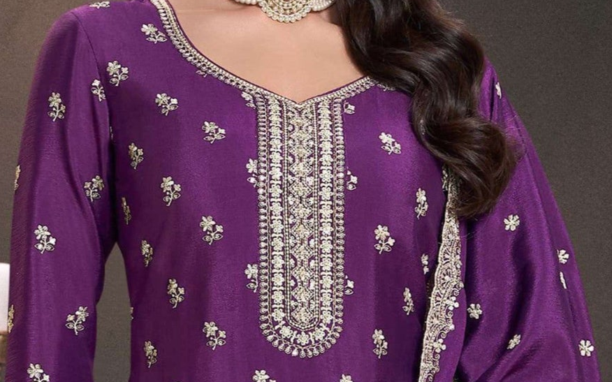 Indian Ethnic Wear Violet Salwar Suit With Intricate Embroidery Detail