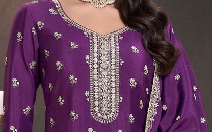 Indian Ethnic Wear Violet Salwar Suit With Intricate Embroidery Detail