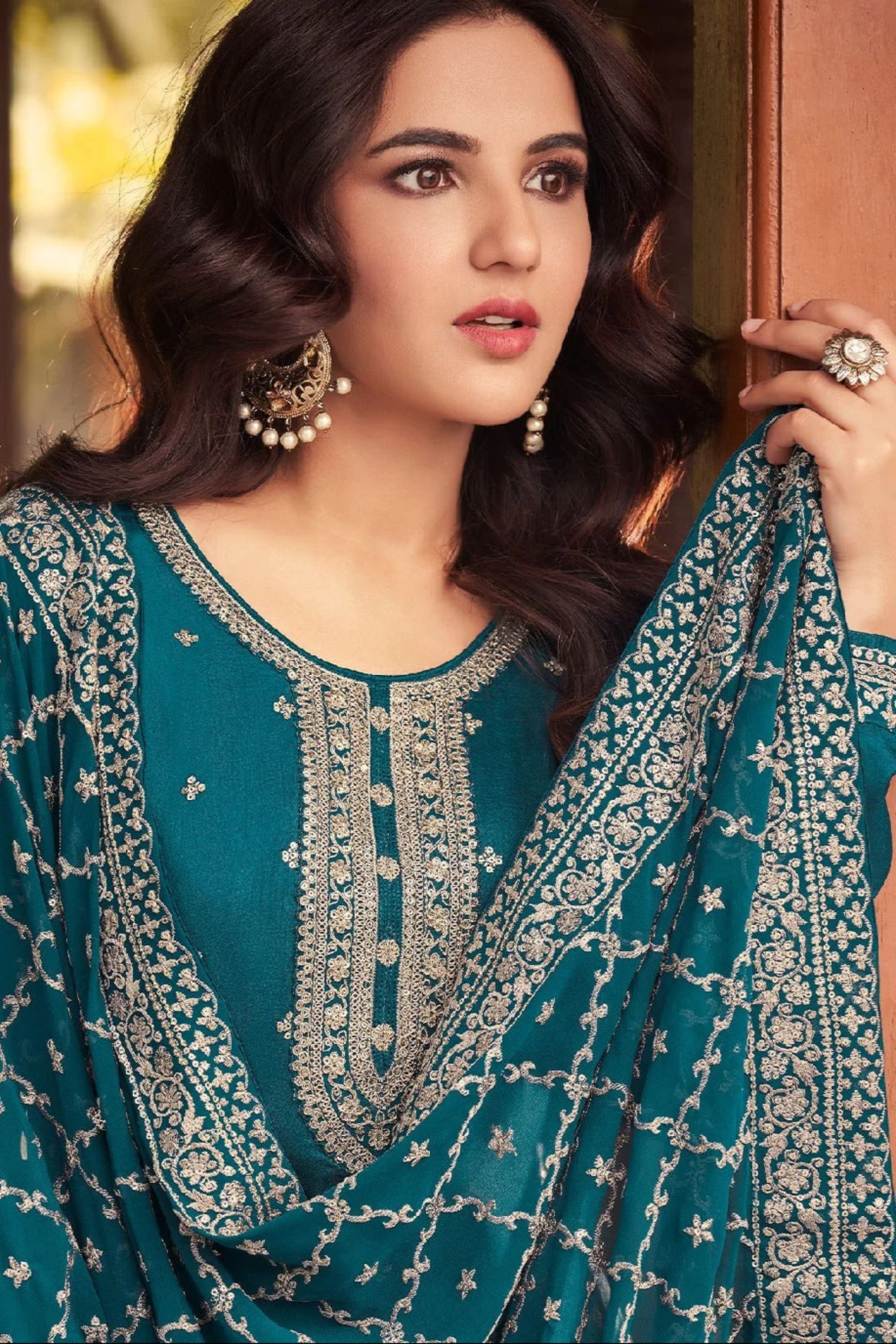 Teal Silk Salwar Kameez Detailed Embroidery Work Close - Up View 