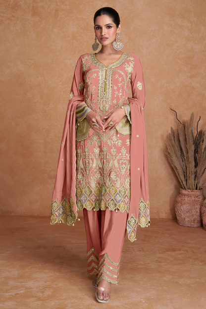 Pink Embroidered Salwar Kameez with Sequin Work - Front View - Ready to Wear Wedding Outfit