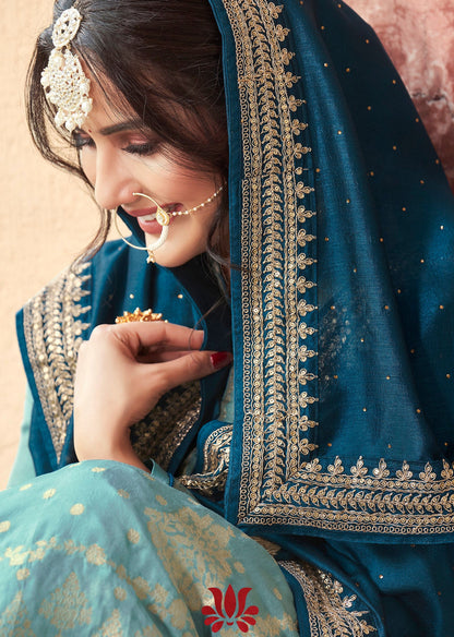 Sky Blue Salwar Kameez Dupatta Set - Back View Showing Embroidery Detail - Ships to USA Canada UK