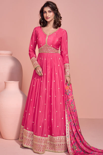 Beautiful Pink Chinon Silk Anarkali Gown with Dupatta for Events