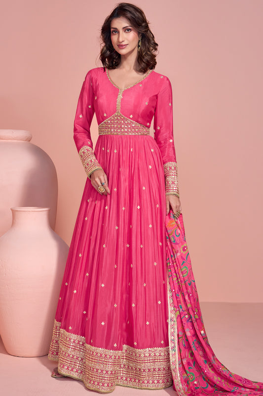 Beautiful Pink Chinon Silk Anarkali Gown with Dupatta for Events