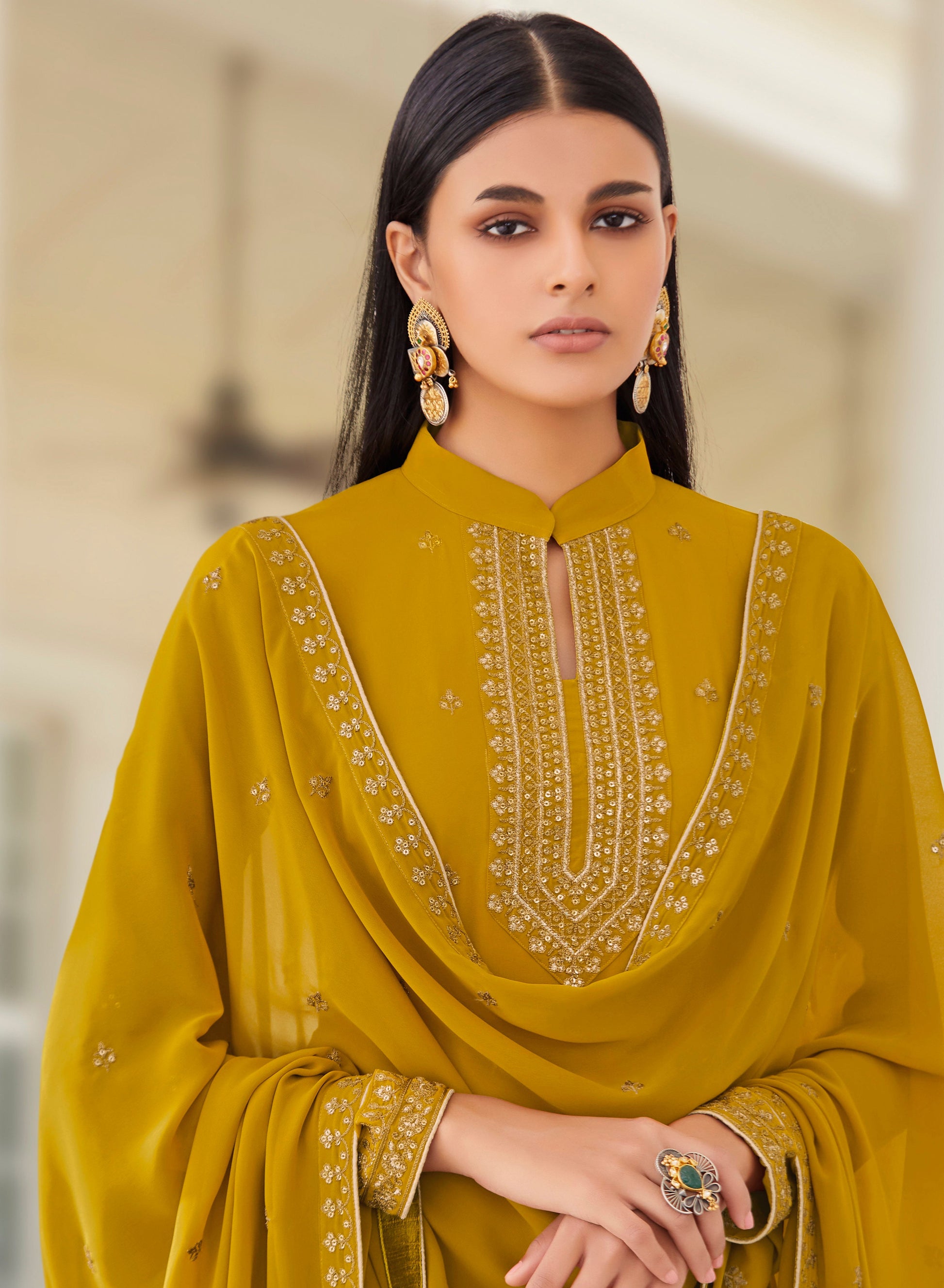 Embroidered Yellow Palazzo Suit for Women - Traditional Haldi Function Dress UK