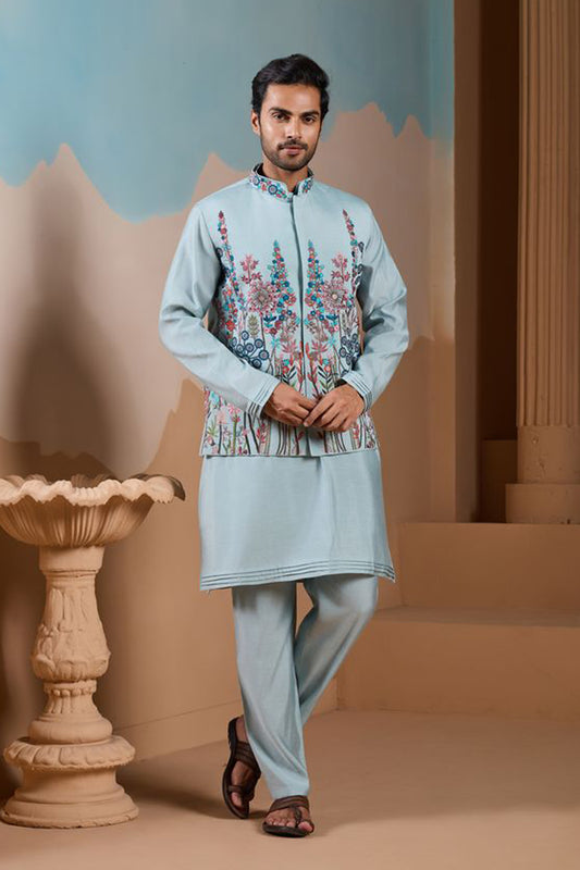 A Stylish Sky Blue Men’s Kurta Made From Designer Silk Fabric, Suitable for Weddings And Special events.