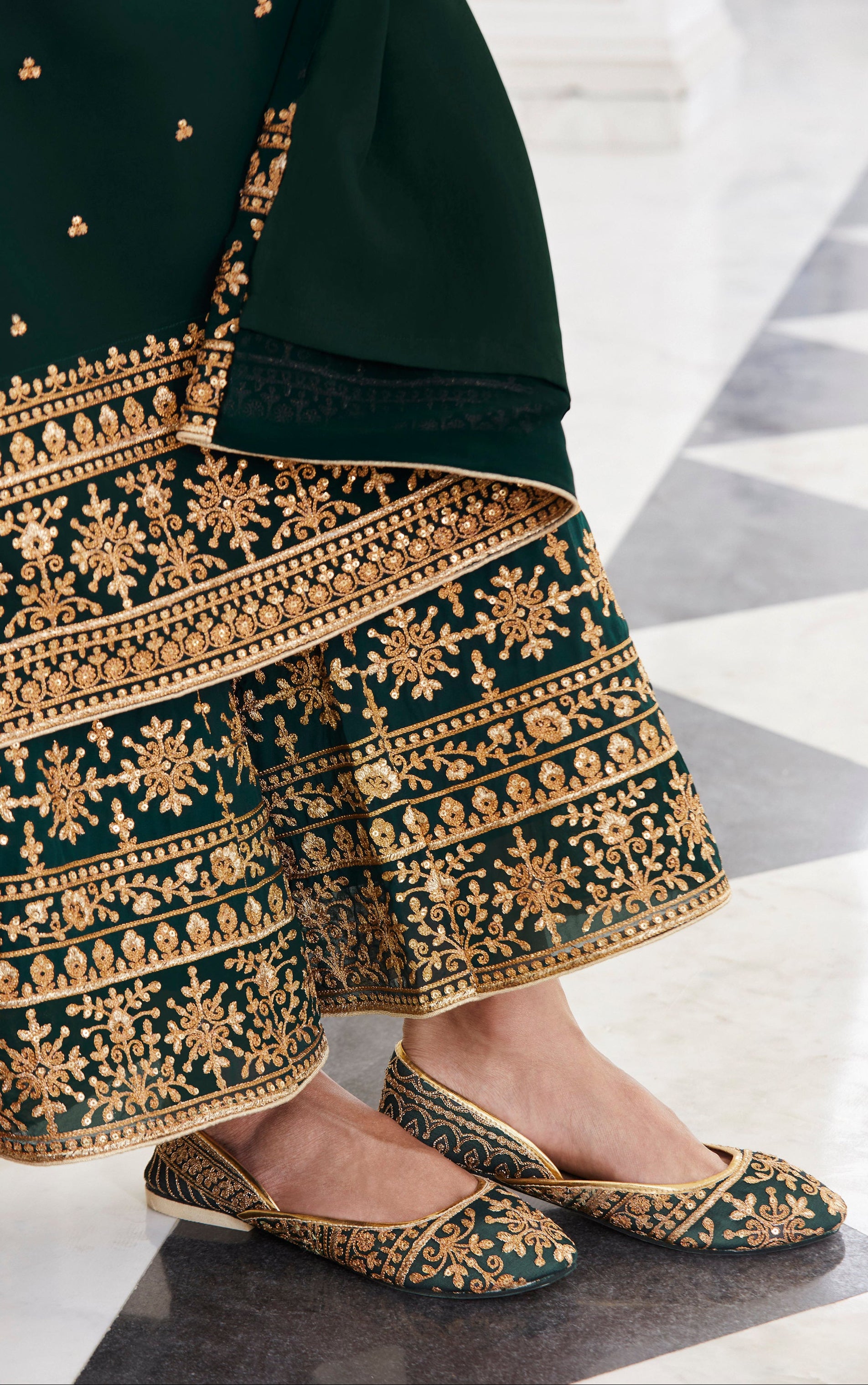 Designer Green Palazzo Suit With Embroidery Work For Festive Occasions.