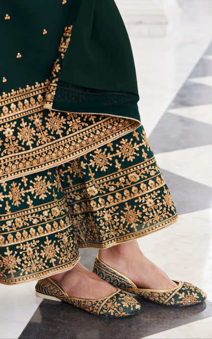 Designer Green Palazzo Suit With Embroidery Work For Festive Occasions.