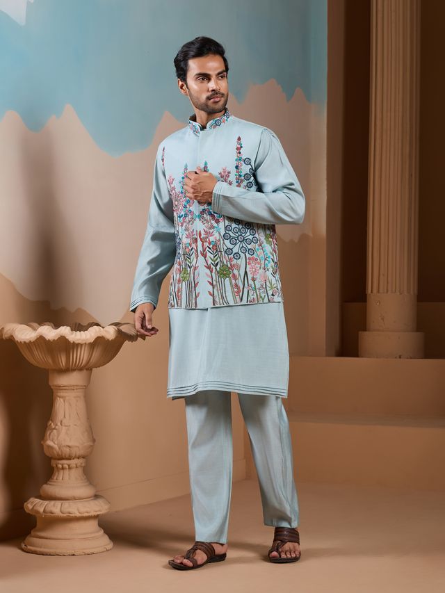 Stylish Sky Blue Silk Kurta With Modern Designer Finish For Men’s Event Fashion.