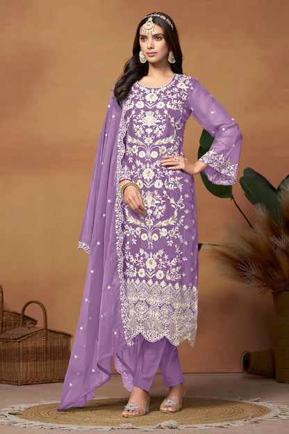 Lavender Organza Salwar Kameez Suit With Matching Dupatta For Weddings And Functions