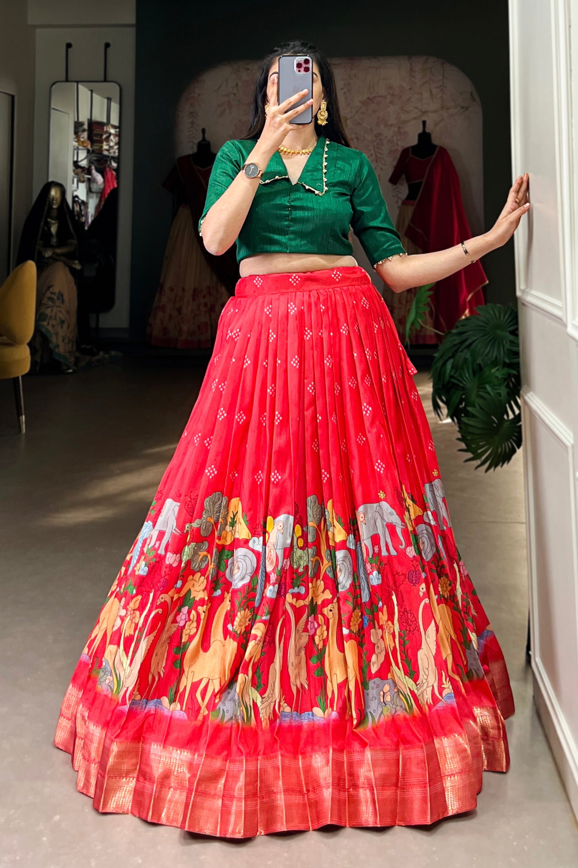 red lehenga,plus size available,Comfort Fit,Premium Fabric,Express Delivery.