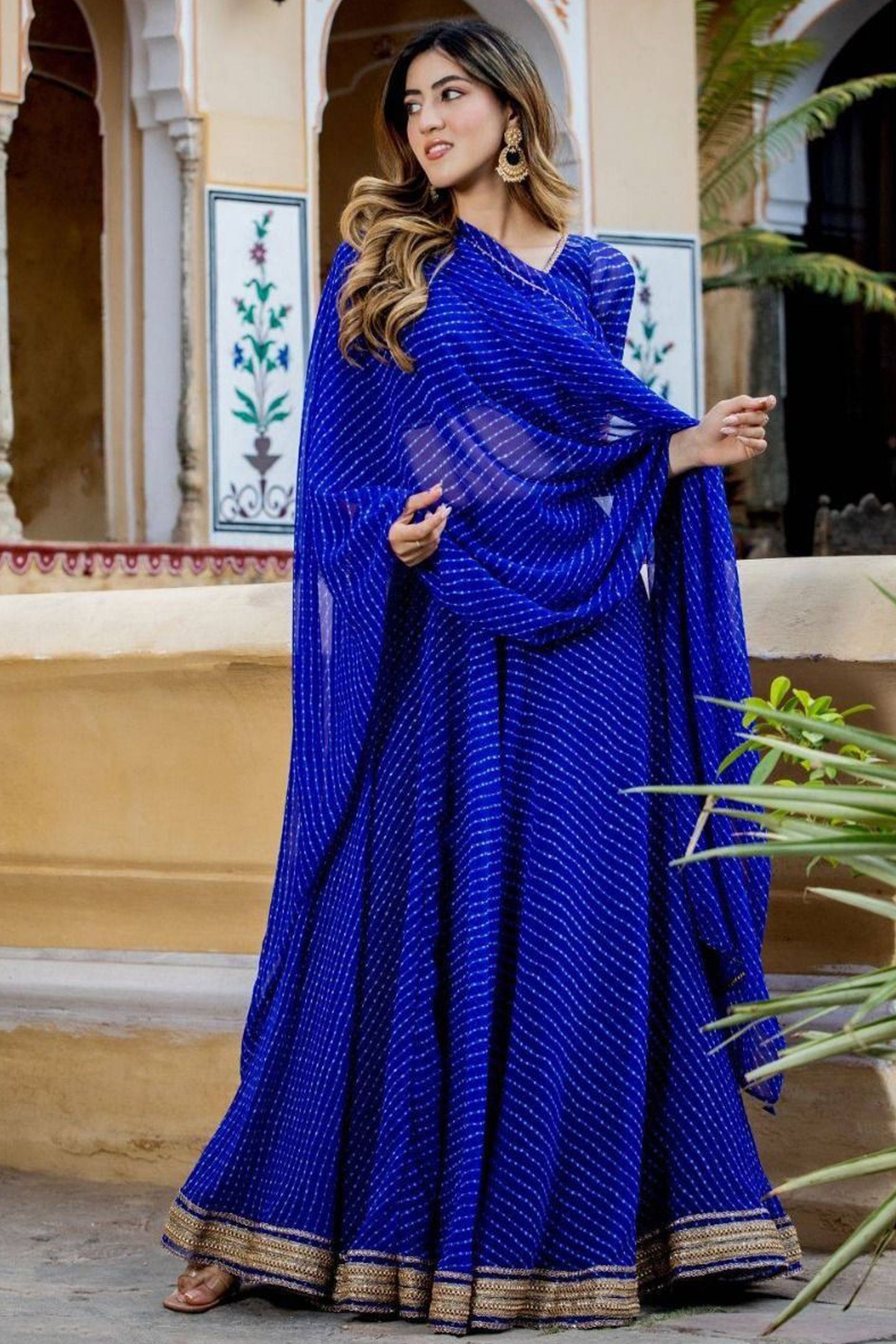 Silk Anarkali gown with gold print USA
