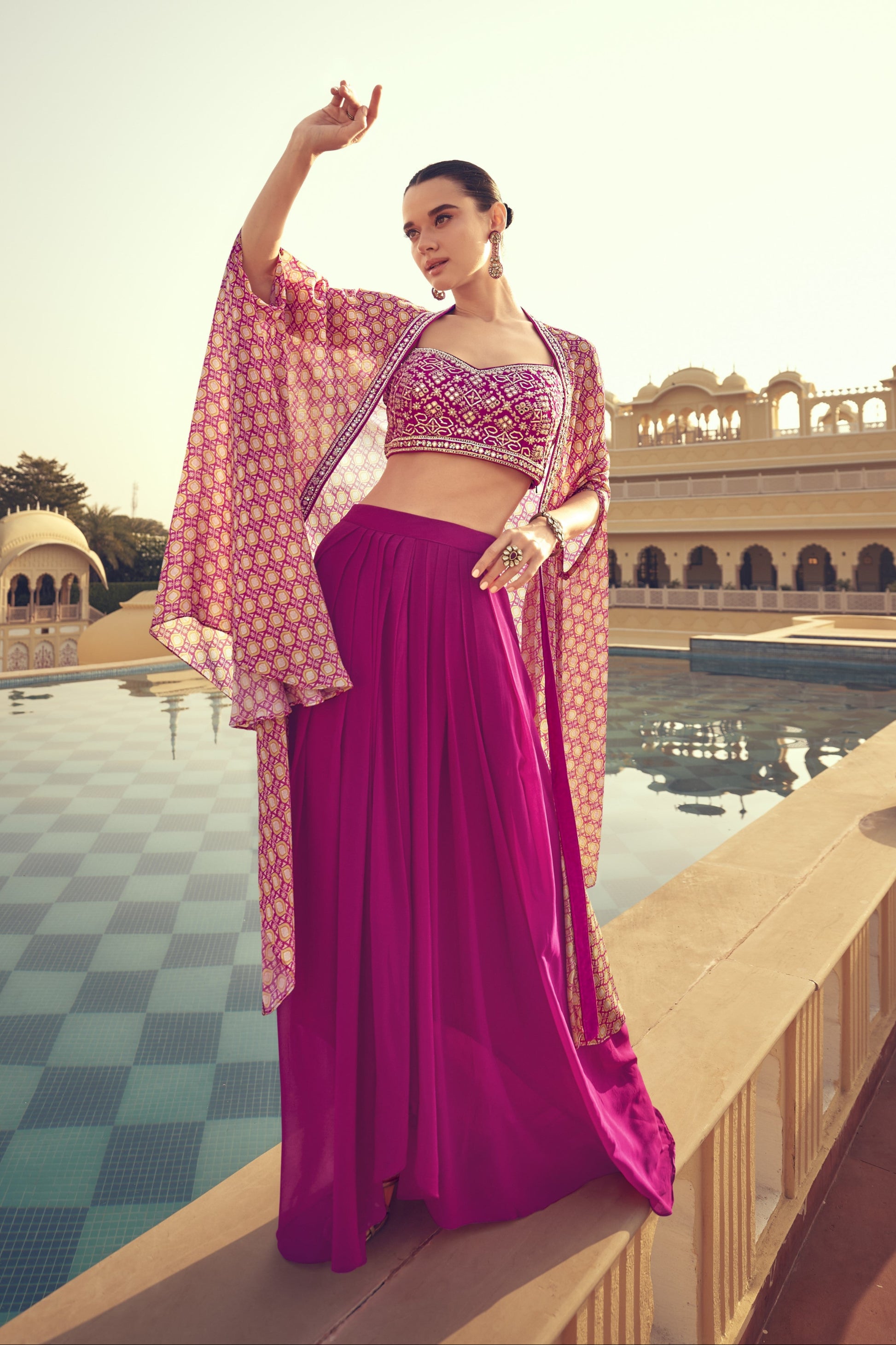Pink color lehenga in Chinon silk fabric, featuring a soft flowy texture and elegant finish, perfect for festive and wedding occasions.
