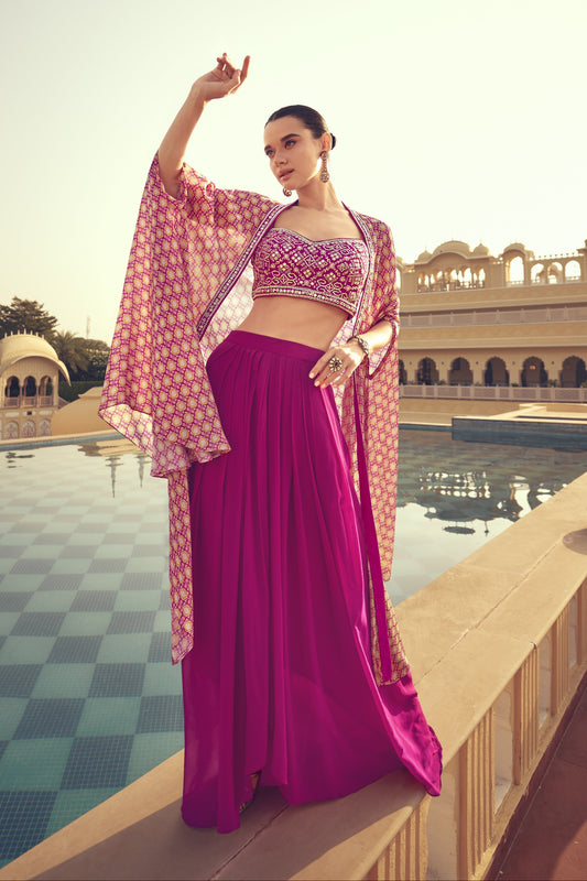 Pink color lehenga in Chinon silk fabric, featuring a soft flowy texture and elegant finish, perfect for festive and wedding occasions.
