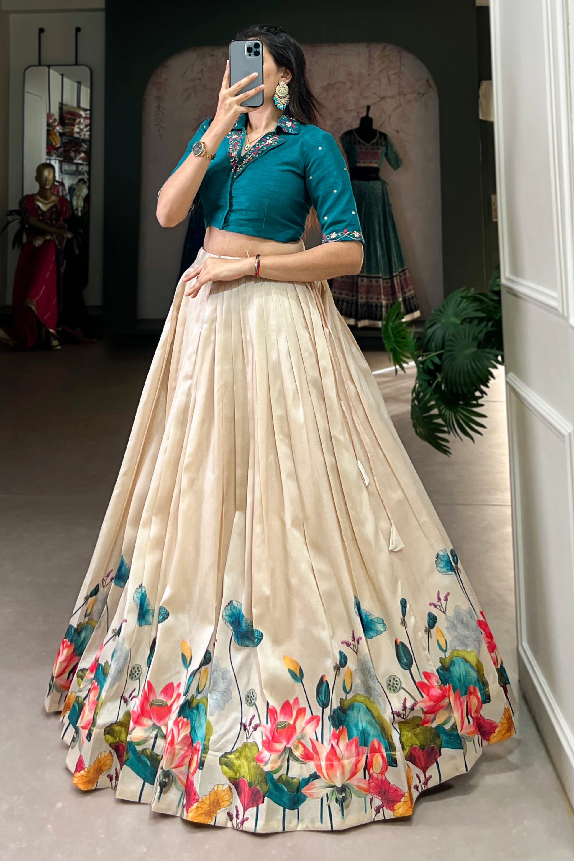 Off-White Printed Anarkali Lehenga with Mirror Work Blouse – seyuri