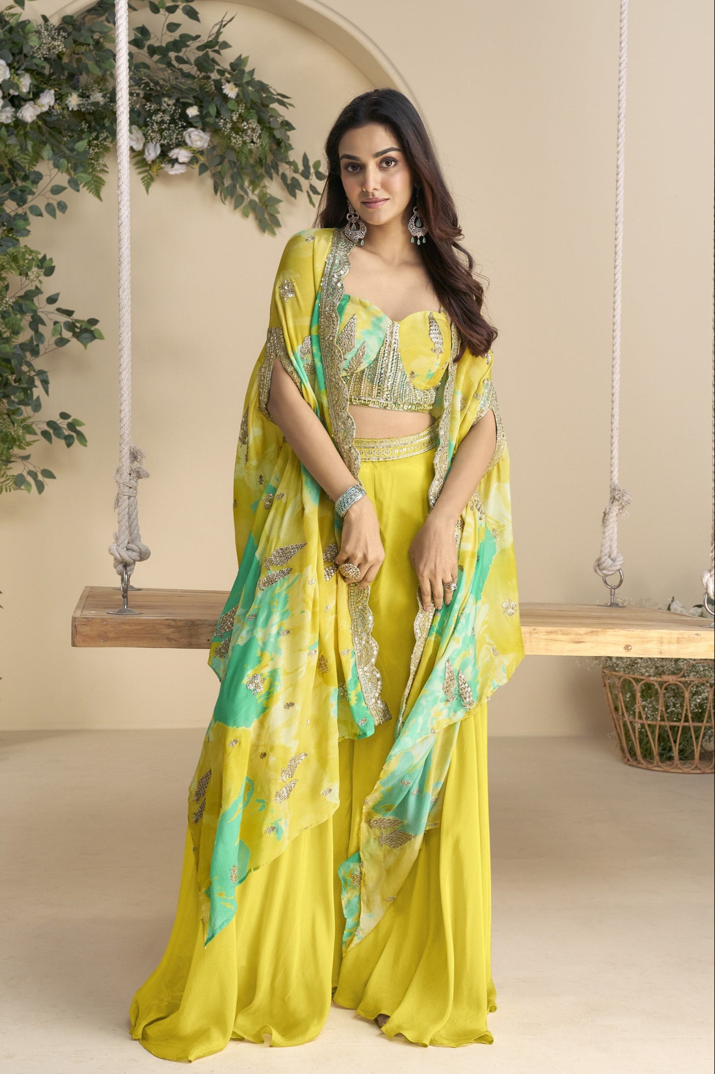 Yellow color lehenga in Chinon silk fabric with embroidery and embellished work, radiating vibrant charm ideal for festive and celebratory occasions.
