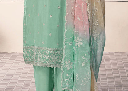 Premium Santoon Fabric Salwar Kameez in Light Green With Embroidered Details