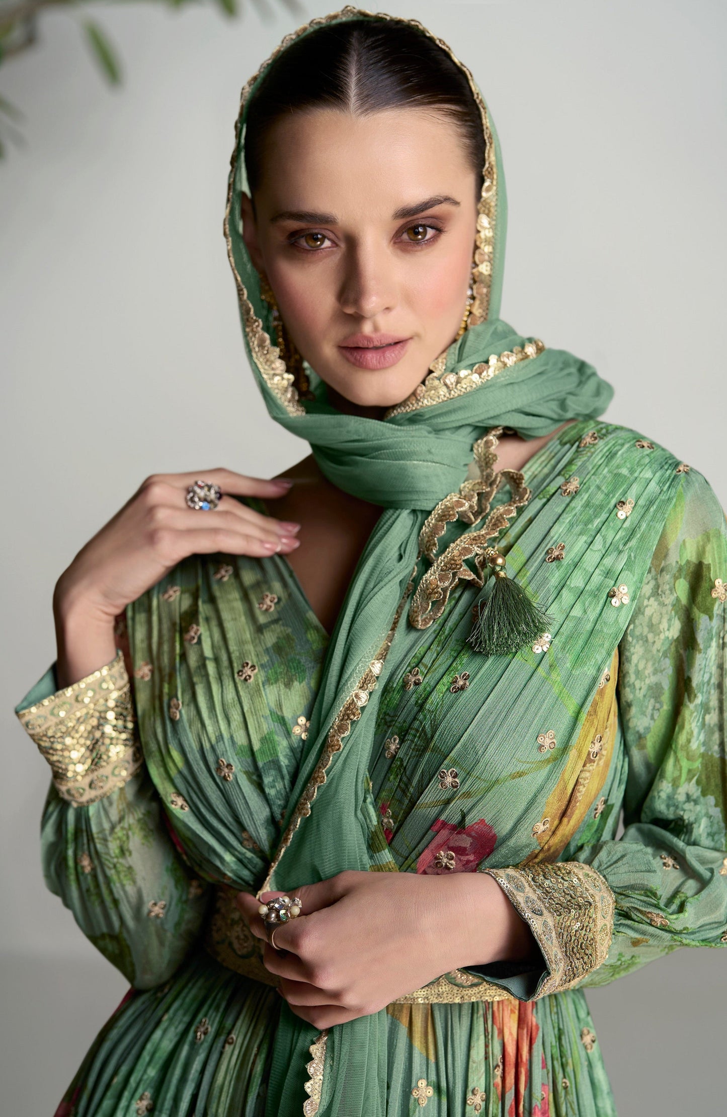 Stylish Stitched Long Chinon Silk Green Anarkali Dress With Dupatta For Party Wear 