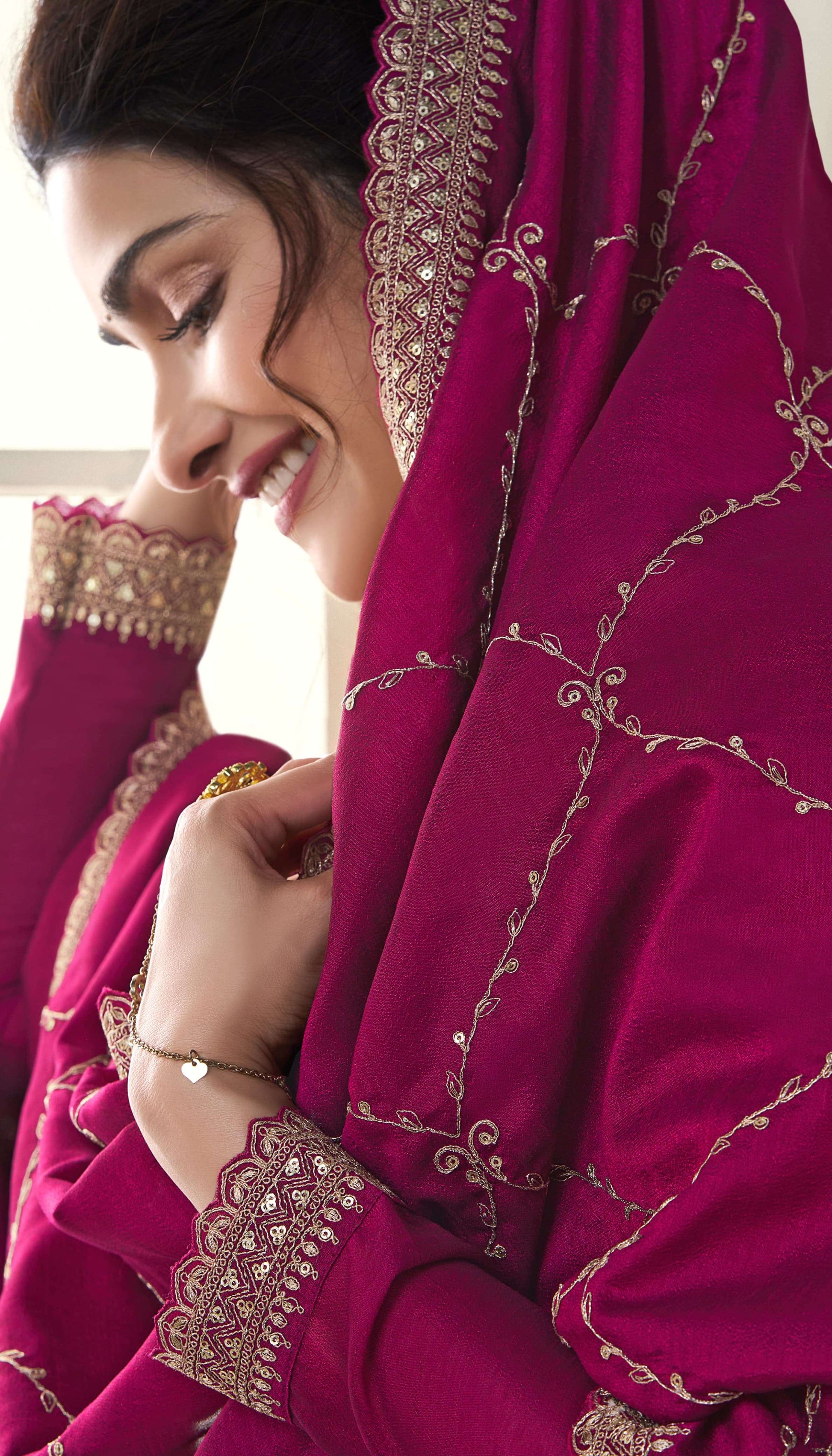 Long Embroidered Silk Georgette Wine Anarkali Gown With Dupatta For Her