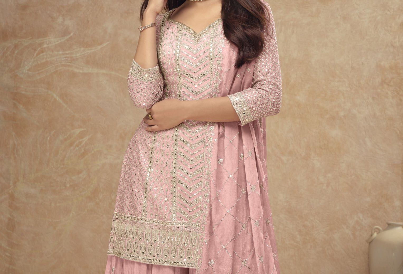 Embroidered Chinon Palazzo Suit Front View - Ethnic Party Wear