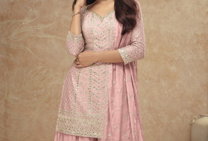 Embroidered Chinon Palazzo Suit Front View - Ethnic Party Wear