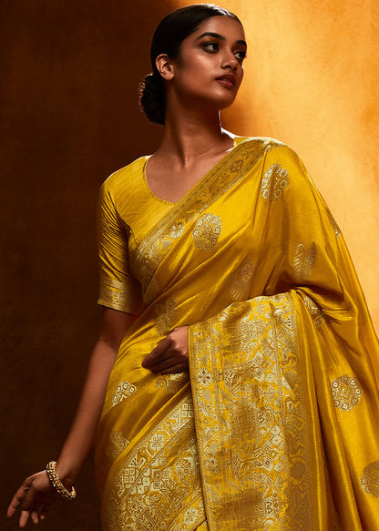 Yellow Designer Viscose Silk Fabric For Haldi Function Wear Saree With Satin Silk Blouse