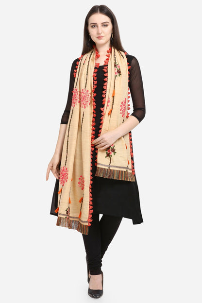 Beige Floral Embroidered Khadi Cotton Dupatta for Festive Wear