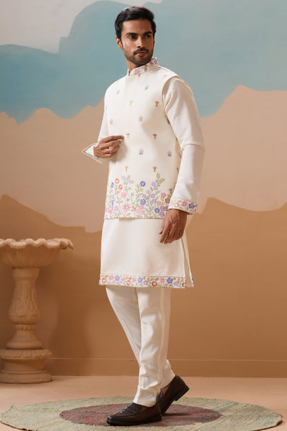 Men's White Kurta Close-Up Mirror Work Detail - Seyuri Luxury Ethnic Wear