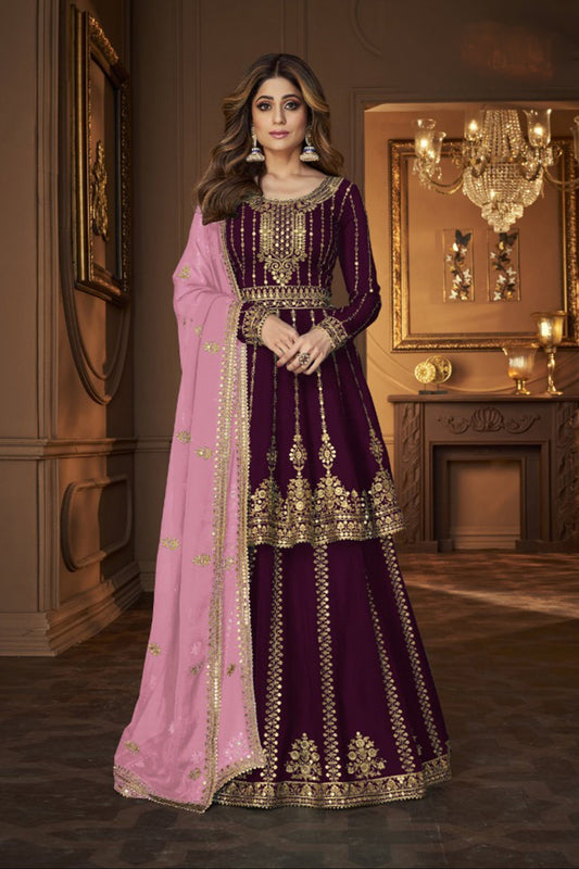 Marron Real Georgette Embroidery Work Lehenga For Indian-Pakistan Reception