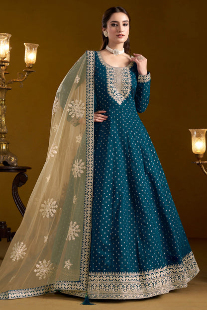 Embroidered Anarkali Gown In Teal Blue With Chanderi Butti Fabric - Detail Shot
