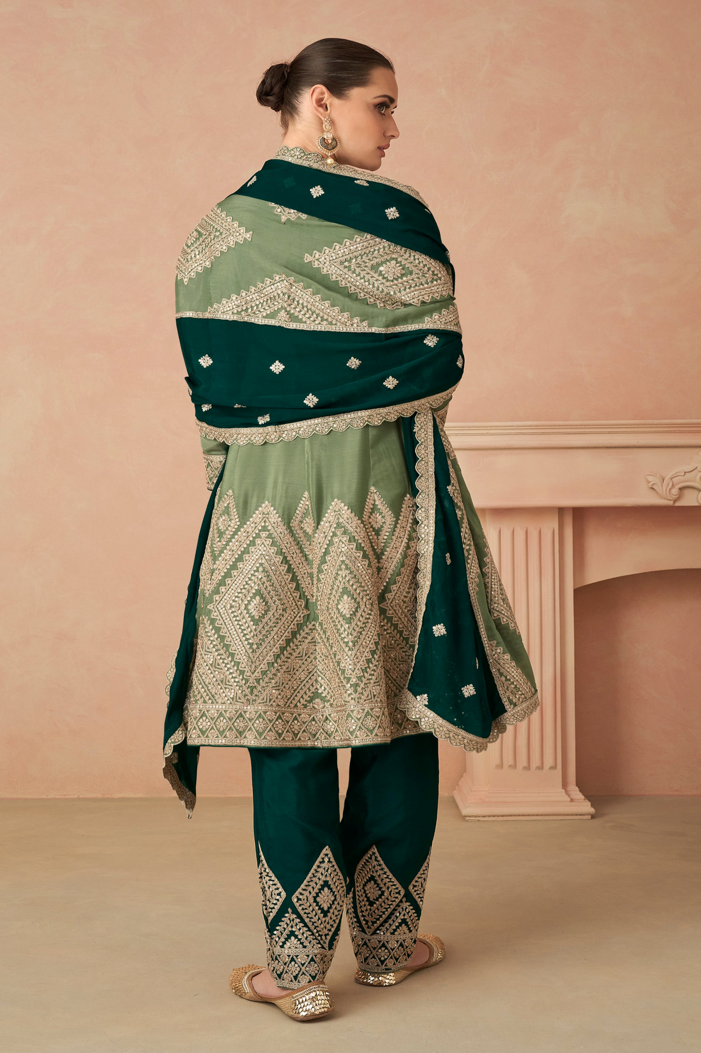 Modern Pistachio Green Salwar Kameez Set - Side Angle - Traditional Indian Party Wear For Women