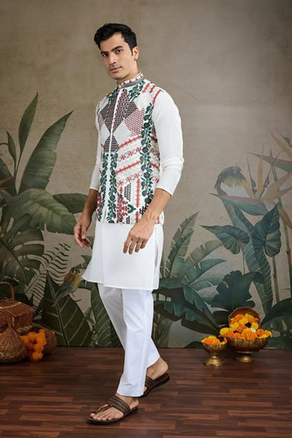 Latest White Color Viscose Silk Kurta Set For Men Real Mirror Work With Matching Pant