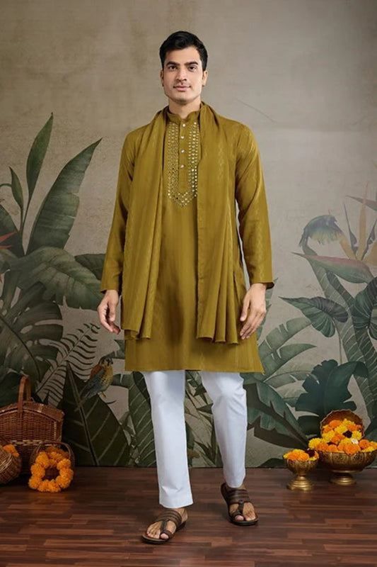 Premium Olive Gold Color Viscose Rayon Kurta Set For Man Real Mirror Work With Matching Pant