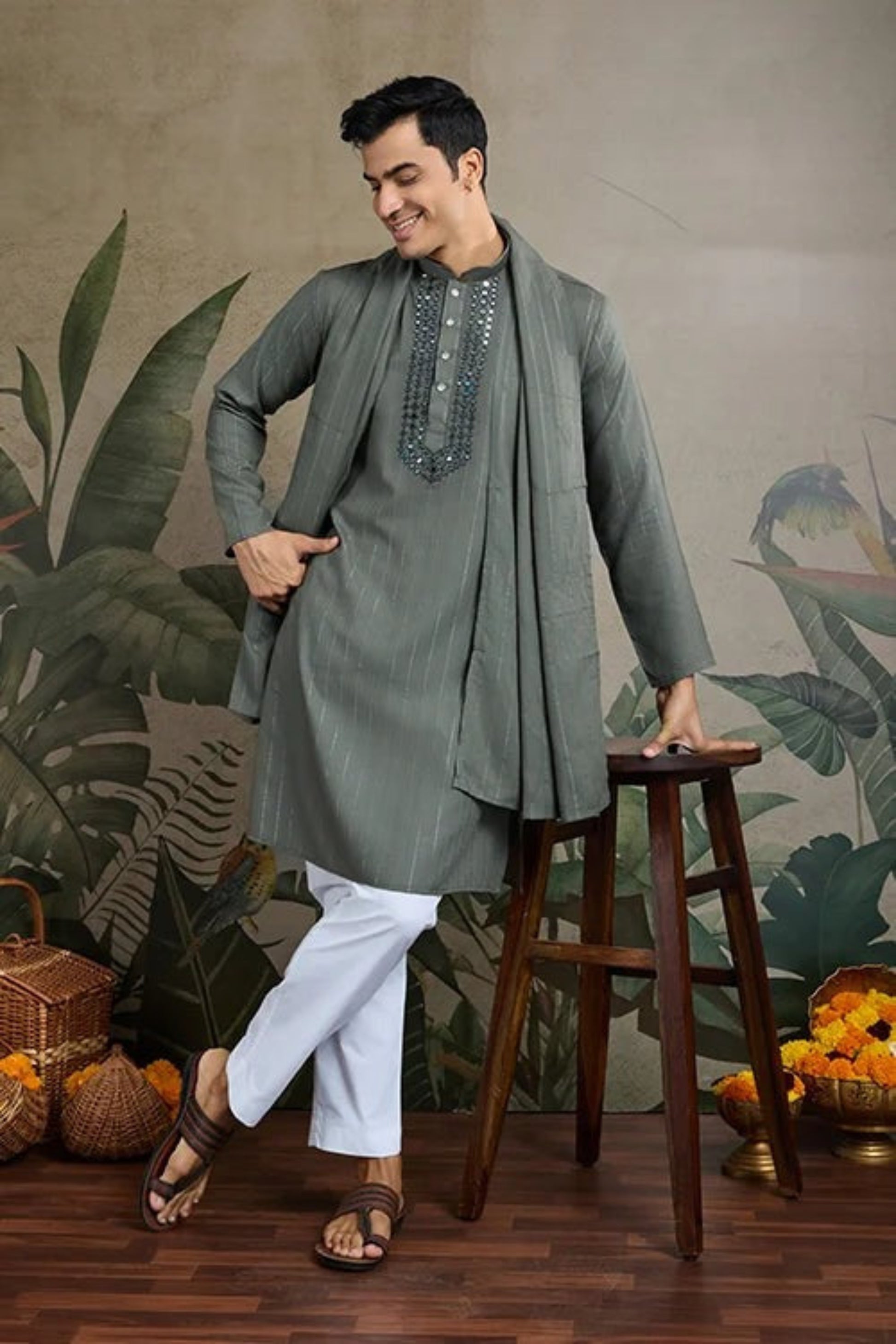 kurta pajama set for men in grey color with elegant festive design
