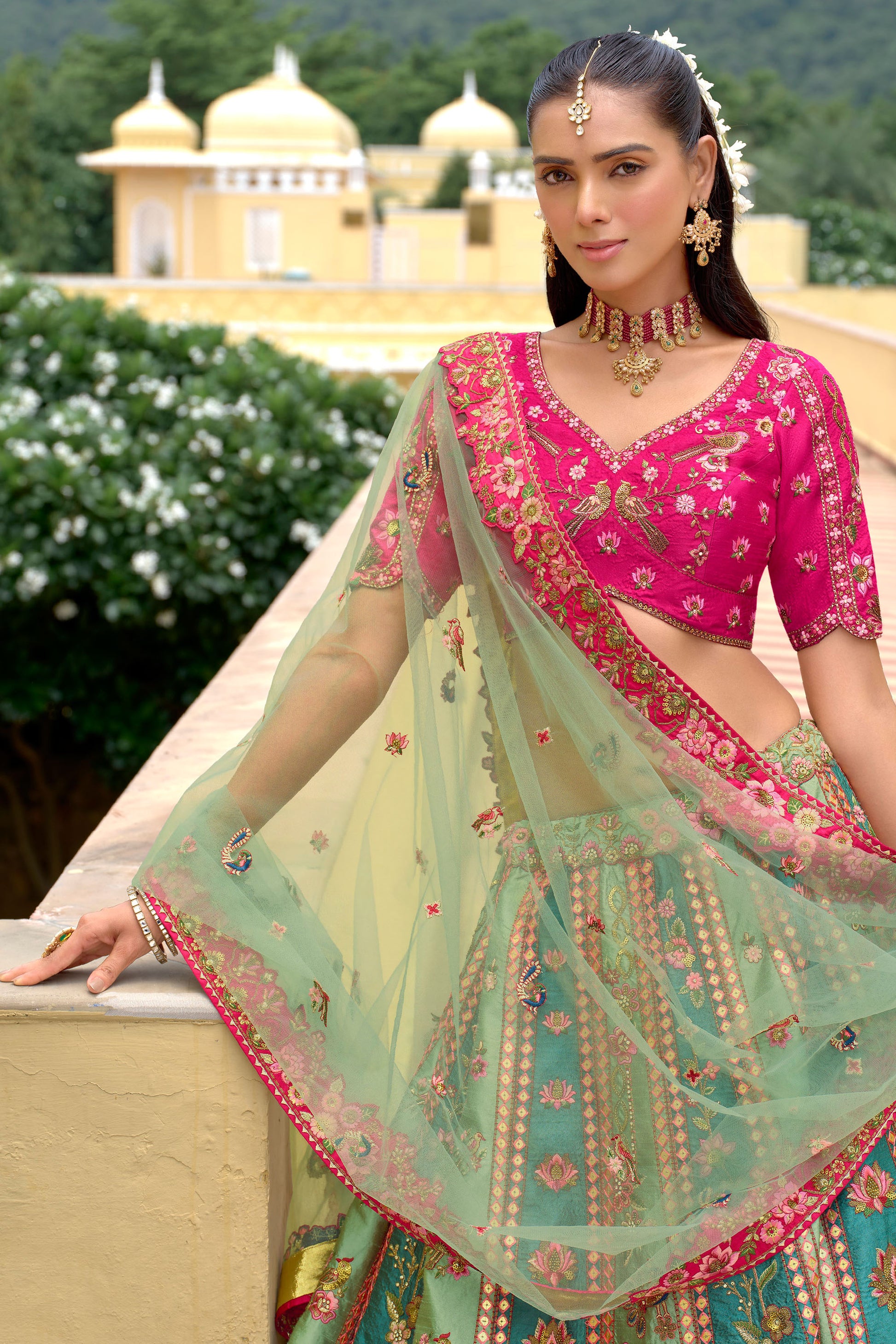 Pink Designer Lehenga Choli Front View - Sequin Stone Work Bridal Outfit For Weddings
