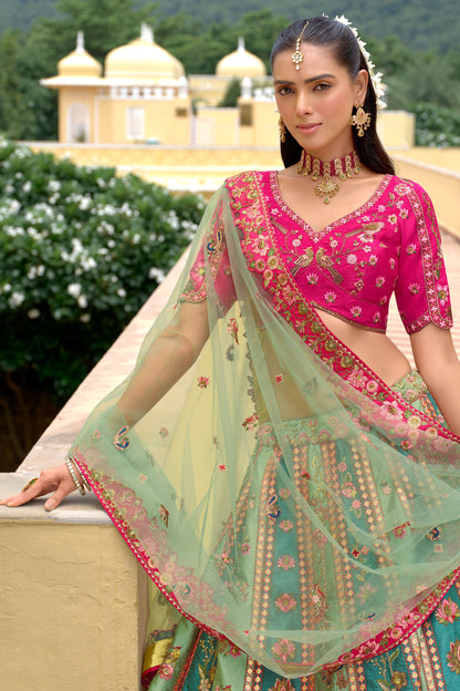 Pink Designer Lehenga Choli Front View - Sequin Stone Work Bridal Outfit For Weddings