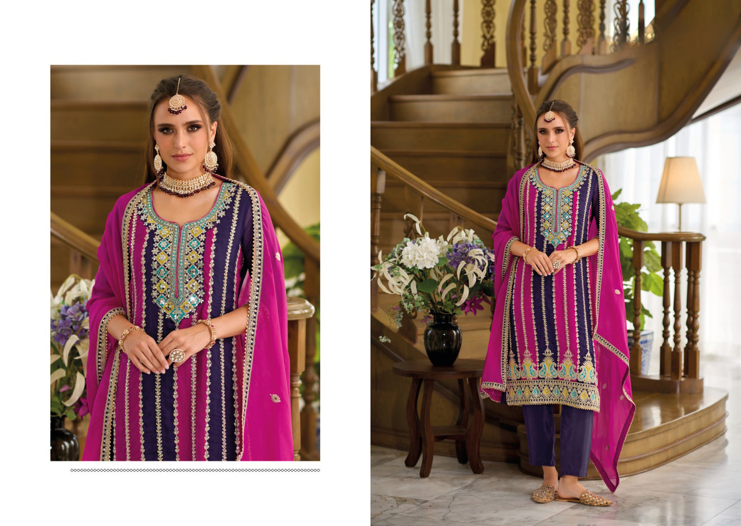 Pink Salwar Kameez Side Angle - Soft Organza Fabric with Embroidery Detail - Indian Pakistani Formal Wear