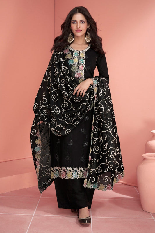 Black Bridal Salwar Kameez With Thread Embroidery Work - Front View Ready To Wear