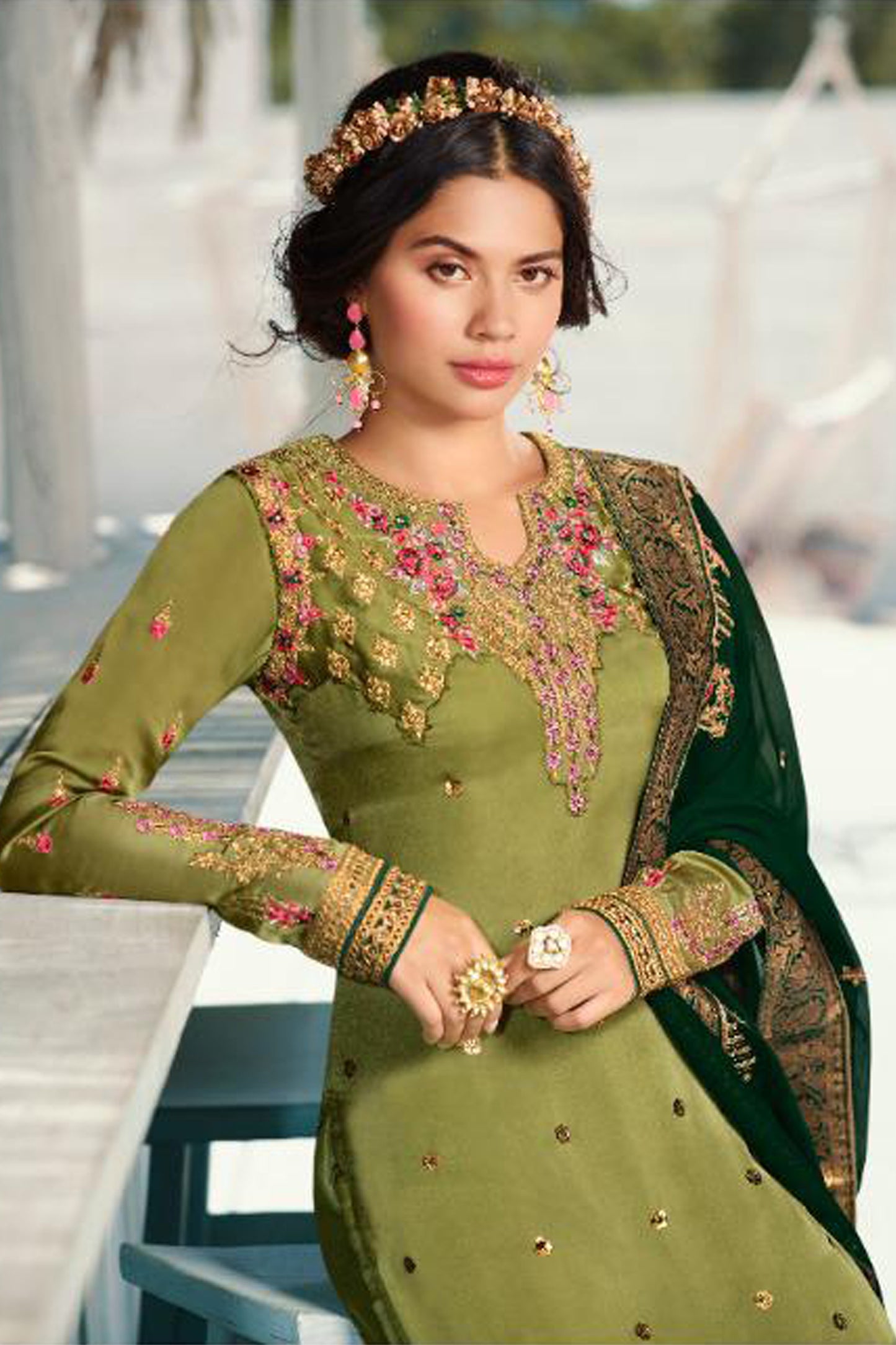 Elegant Pistachio Green Salwar Suit With Sequin Embroidery Work - Side Angle