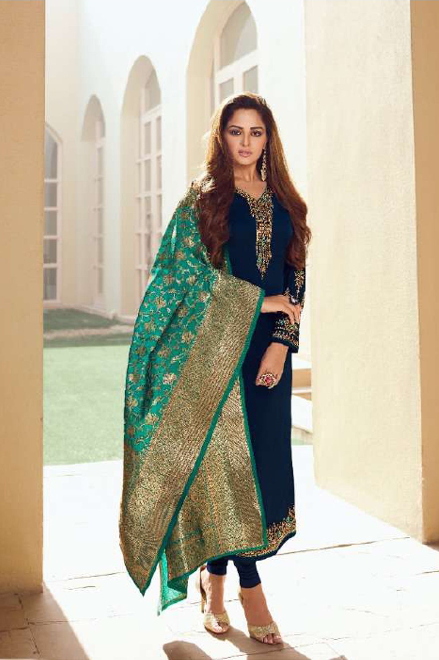 Embroidery Work Satin Georgette Navy Colour Salwar Kameez For Wedding