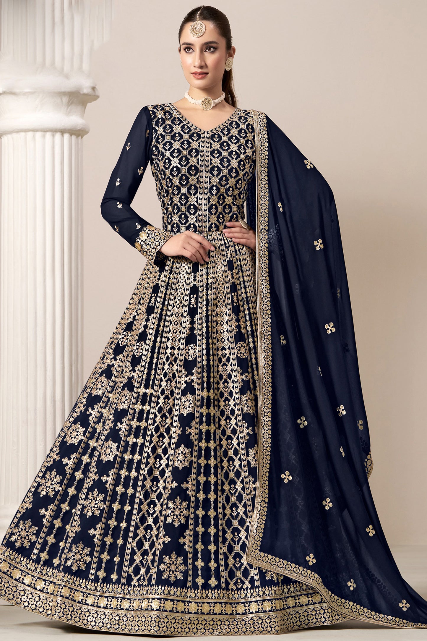 Navy Blue Anarkali Gown With Dupatta - Indian Wedding Reception Dress USA